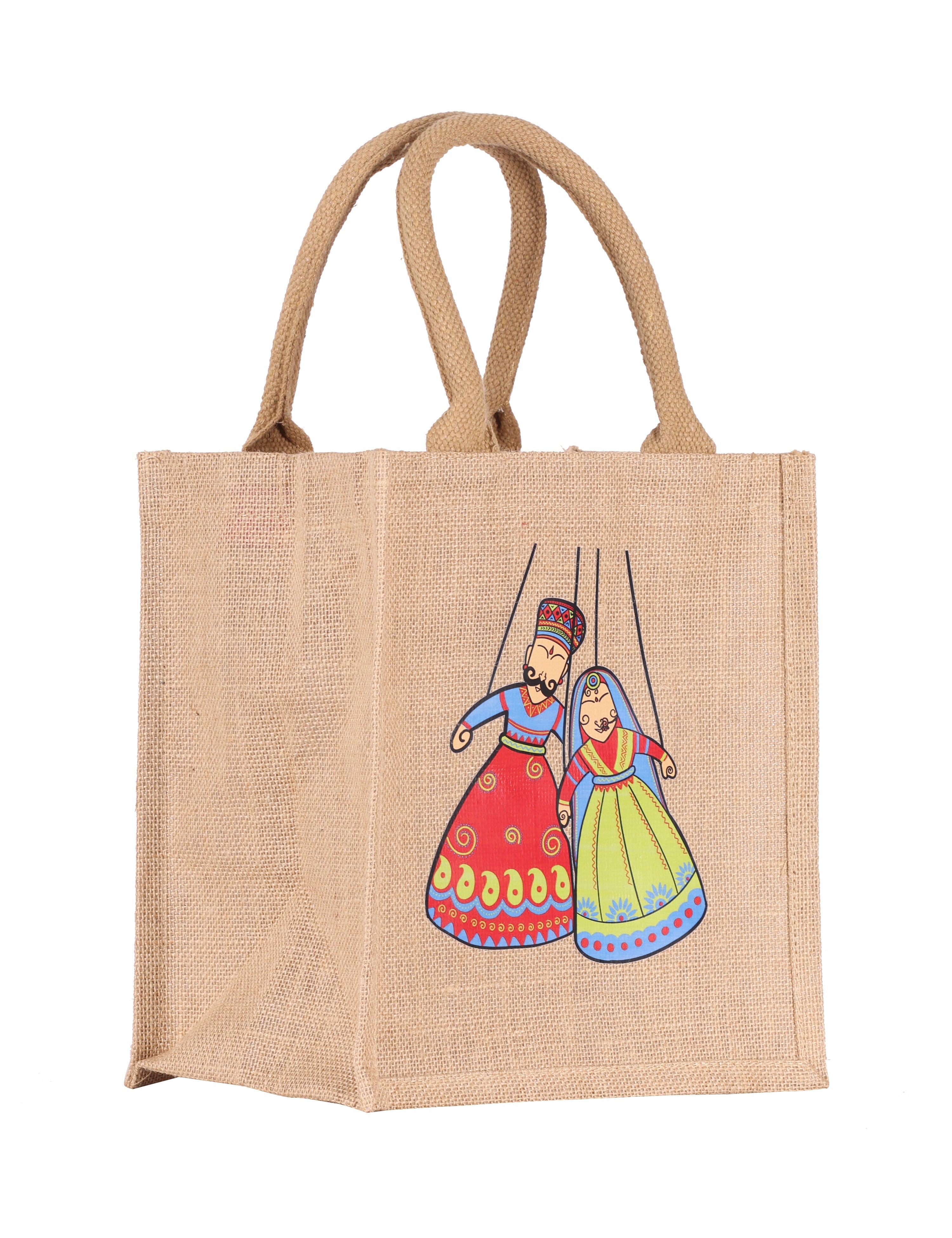 JUTE COTTAGE PUPPET PRINT ZIPPER LUNCH BAG, SUSTAINABLE, ECO-FRIENDLY, 100% GENUINE, STYLISH (YELLOW/BROWN 11X10X7)