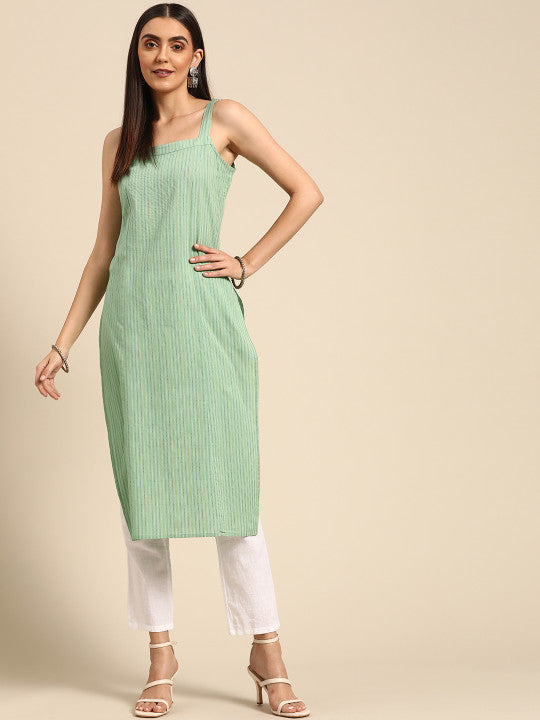 anayna Women Green Pure Cotton Kantha Work Striped Kurta