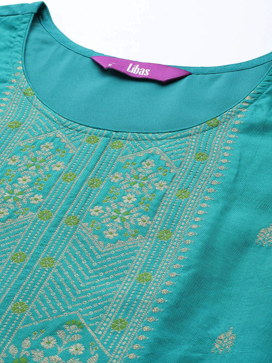 Libas Women Sea Green Floral Kurta with Trousers & With Dupatta