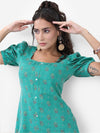 Vishudh Turquoise blue Floral Printed Puff Sleeves A-Line Dress