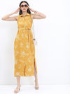 Vishudh Mustard Yellow Floral Tie-Up Neck A-Line Midi Dress