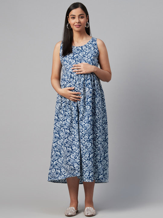 anayna Blue & White Ethnic Motifs Printed Cotton Maternity A-Line Dress with Ethnic Jacket