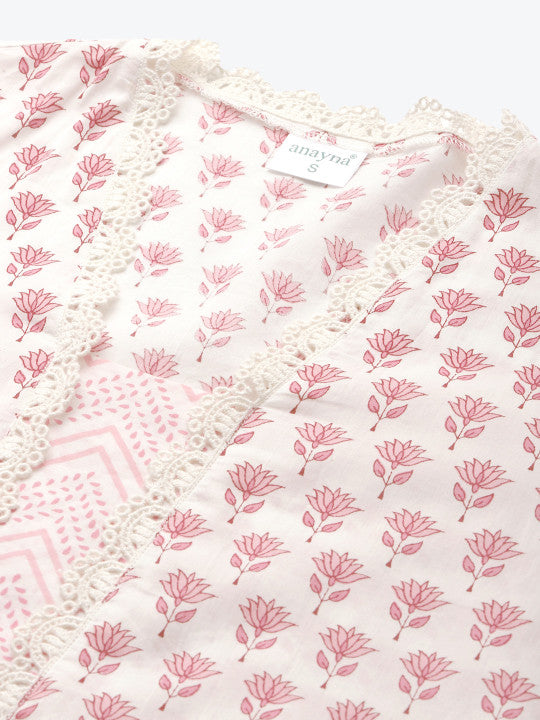 anayna Women White & Pink Printed Kurta with Palazzos