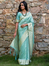 Janasya Sea Green & Gold-Toned Paisley Woven Design Zari Chanderi Saree