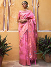 Janasya Pink & Gold-Toned Ethnic Motifs Woven Design Chanderi Saree