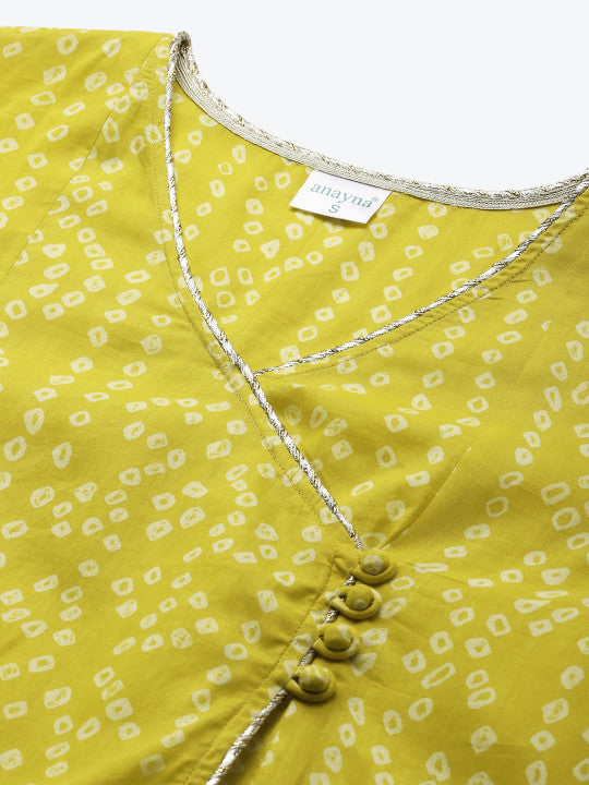 anayna Women Lime Green & Off White Bandhani Screen Print Cotton Angrakha Kurta