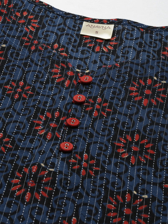 anayna Women Navy Blue & Red Floral Printed Dobby Cotton Kurta