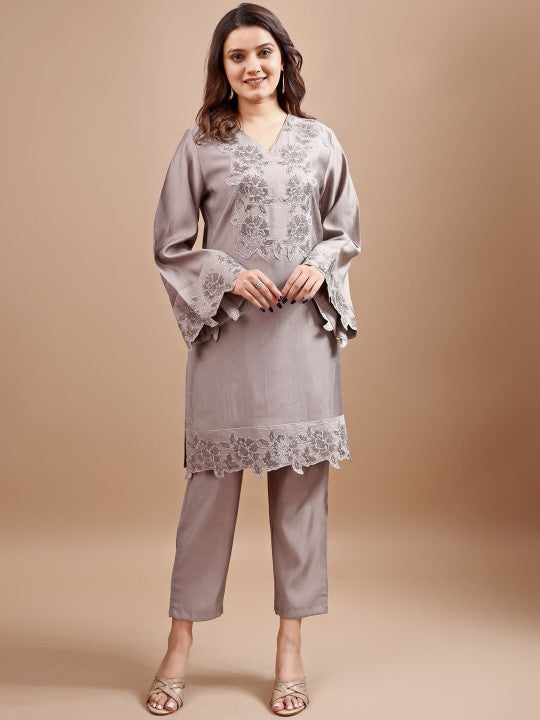 Tikhi Imli Floral Embroidered V-Neck Tunic & Trousers