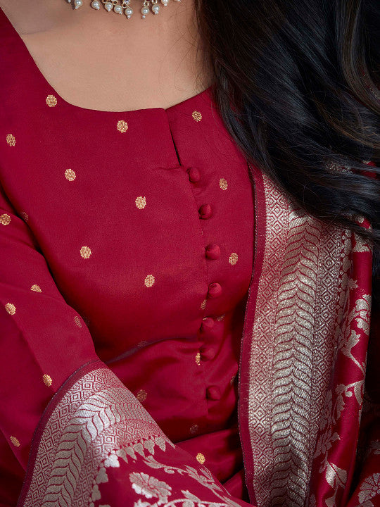Sangria Maroon Geometric Printed Straight Kurta With Trousers And Dupatta