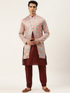 Sojanya Men Maroon & Peach Printed Kurta Pyjama & Sherwani Set