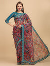 Sangria Red & Green Floral Printed Sequinned Organza Saree