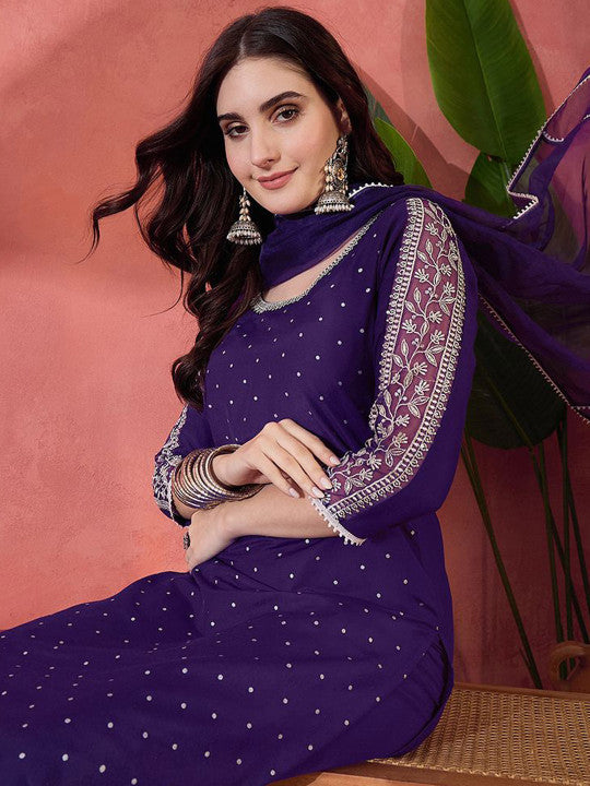 Sangria Zari Sequence Embroidered Straight Kurta & Trousers With Dupatta