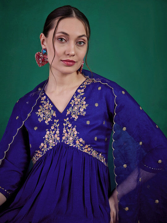 Sangria Blue Floral Embroidered Sequinned V-Neck A-Line Kurta With Palazzo & Dupatta