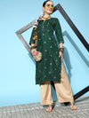 ISHIN Womens Silk Blend Green Embroidered A-Line Kurta