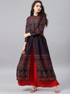 Vishudh Navy Blue Floral Print Cotton Anarkali With Hight Slit