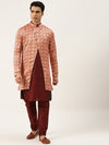 Sojanya Men Peach Coloured & Maroon Solid Kurta Pyjama & Printed Sherwani Set