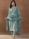 Libas Blue Floral Embroidered Scoop Neck Sequinned Straight Kurta With Trousers & Dupatta