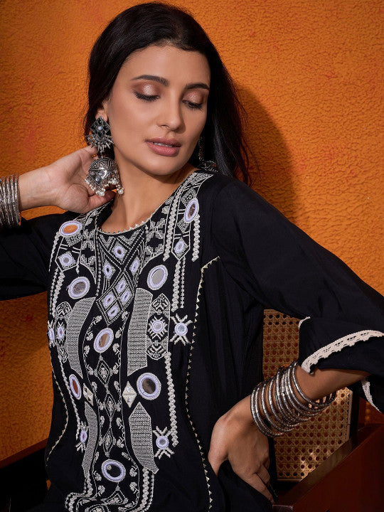 Sangria Floral Embroidered Regular A-Line Kurta with Palazzo