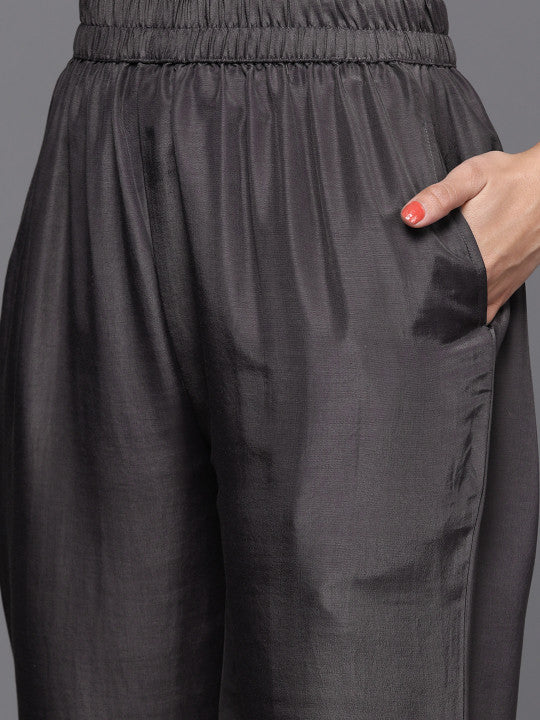 Libas Women Charcoal Grey & Mustard Yellow Ethnic Zari Straight Kurta Trousers Dupatta