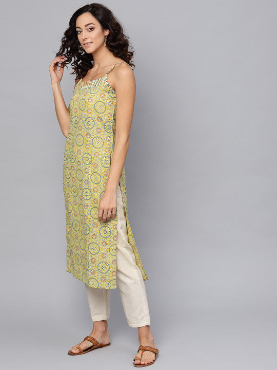 Women Green & Off-White Printed Straight Kurta