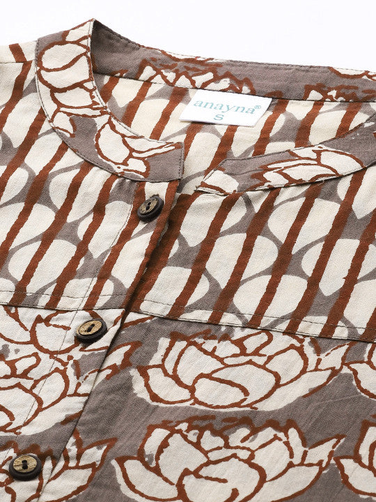 anayna Women Beige & Maroon Printed Kurta with Palazzos