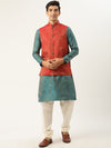 Sojanya Men Teal Blue & Red Ethnic Motifs Kurta  with Churidar & Nehru Jacket