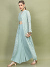 Vishudh Women Sea Green Embroidered Layered Top With Palazzos And Jacket - XXL