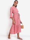 Vishudh Pink Floral Printed Keyhole Neck A-Line Midi Dress With Belt