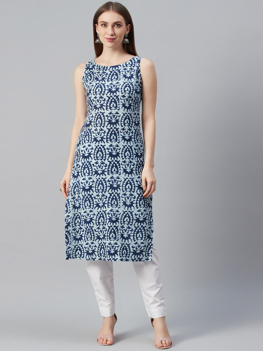 Women Navy Blue & White Printed Straight Kurta