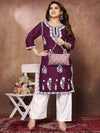 Fabmora Floral Embroidered Round Neck Three-Quarter Sleeves Chikankari Kurta with Palazzos