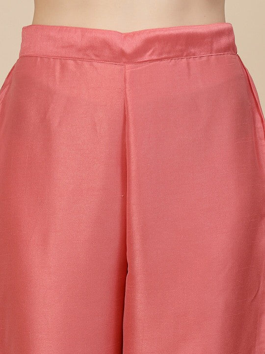 Sangria Peach-Coloured Mirror Work Embroidered Anarkali Kurta & Trousers With Dupatta