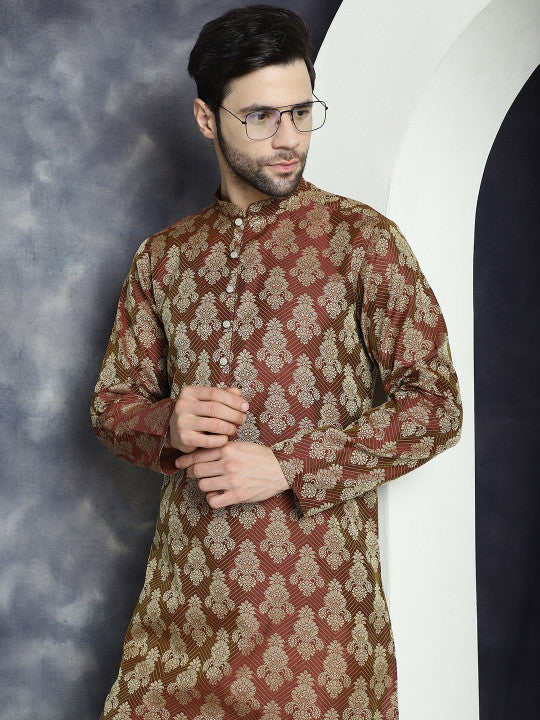 Maroon Ethnic Motifs Woven Design Jacquard Straight Cotton Silk Kurta