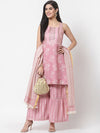 Myshka Women Peach-Coloured & White Floral Printed Kurta with Sharara & With Dupatta