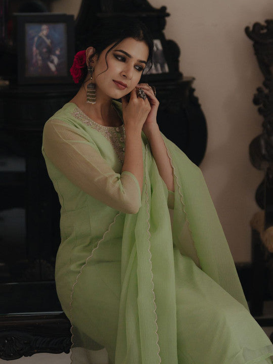 Women Embroidered Panelled Kurta with Trousers & With Dupatta