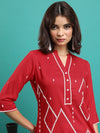 Vishudh Red Geometric Printed Mandarin Collar Straight Kurta