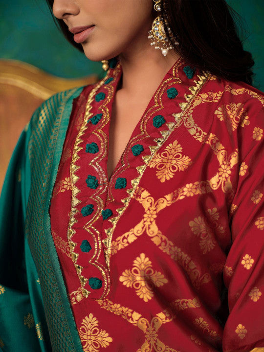 Sangria Maroon Ethnic Motifs Woven Design Regular Thread Work Kurta & Salwar With Dupatta