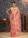 House of Pataudi Mauve & White Floral-Printed Beads & Stones Organza Saree