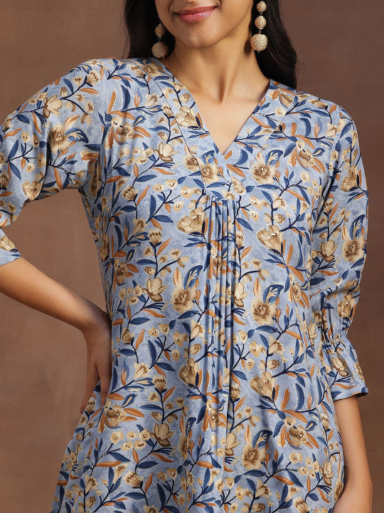 Floral Printed V-Neck Pleated Kurti