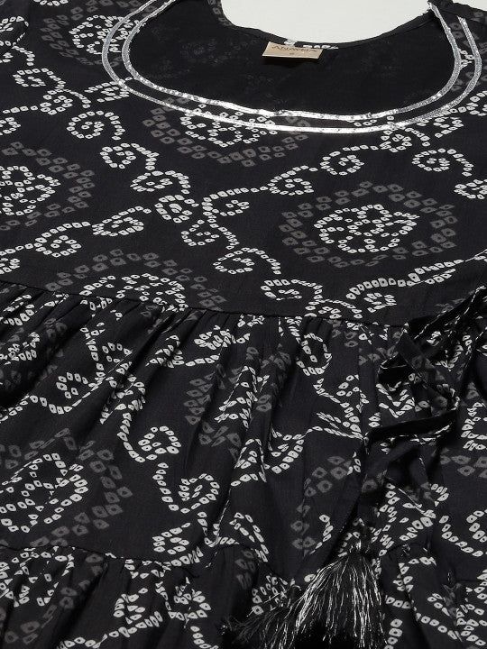 Women Black Bandhani Printed Pure Cotton Kurta with Trousers & Dupatta