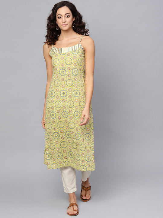 Women Green & Off-White Printed Straight Kurta