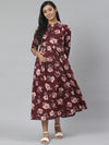 Anayna Women Burgundy & Pink Floral Printed Pure Cotton Maternity A-Line Dress