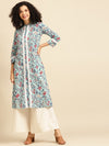 Anayna Women Blue & Off White Ethnic Floral Screen Print Cotton Kurta