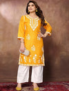 Fabmora Floral Embroidered Round Neck Three-Quarter Sleeves Chikankari Kurta with Palazzos