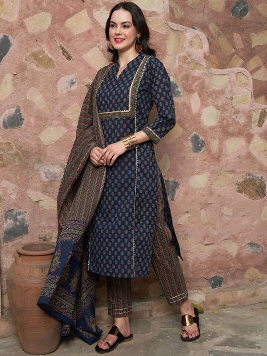 Sangria Floral Printed Pure Cotton Straight Kurta With Trousers & Dupatta