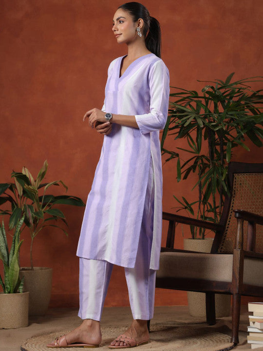 Striped V-Neck Pure Cotton Straight Kurta With Trousers