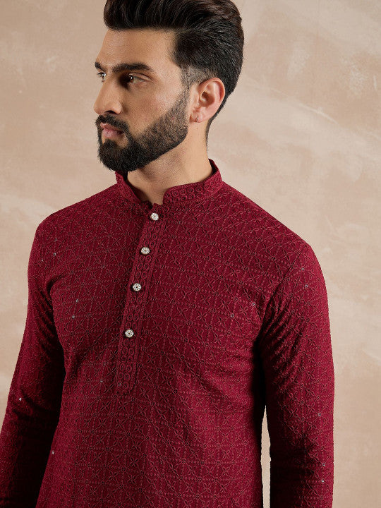 Anouk Geometric Embroidered Mandarin Collar Sequinned Straight Kurta