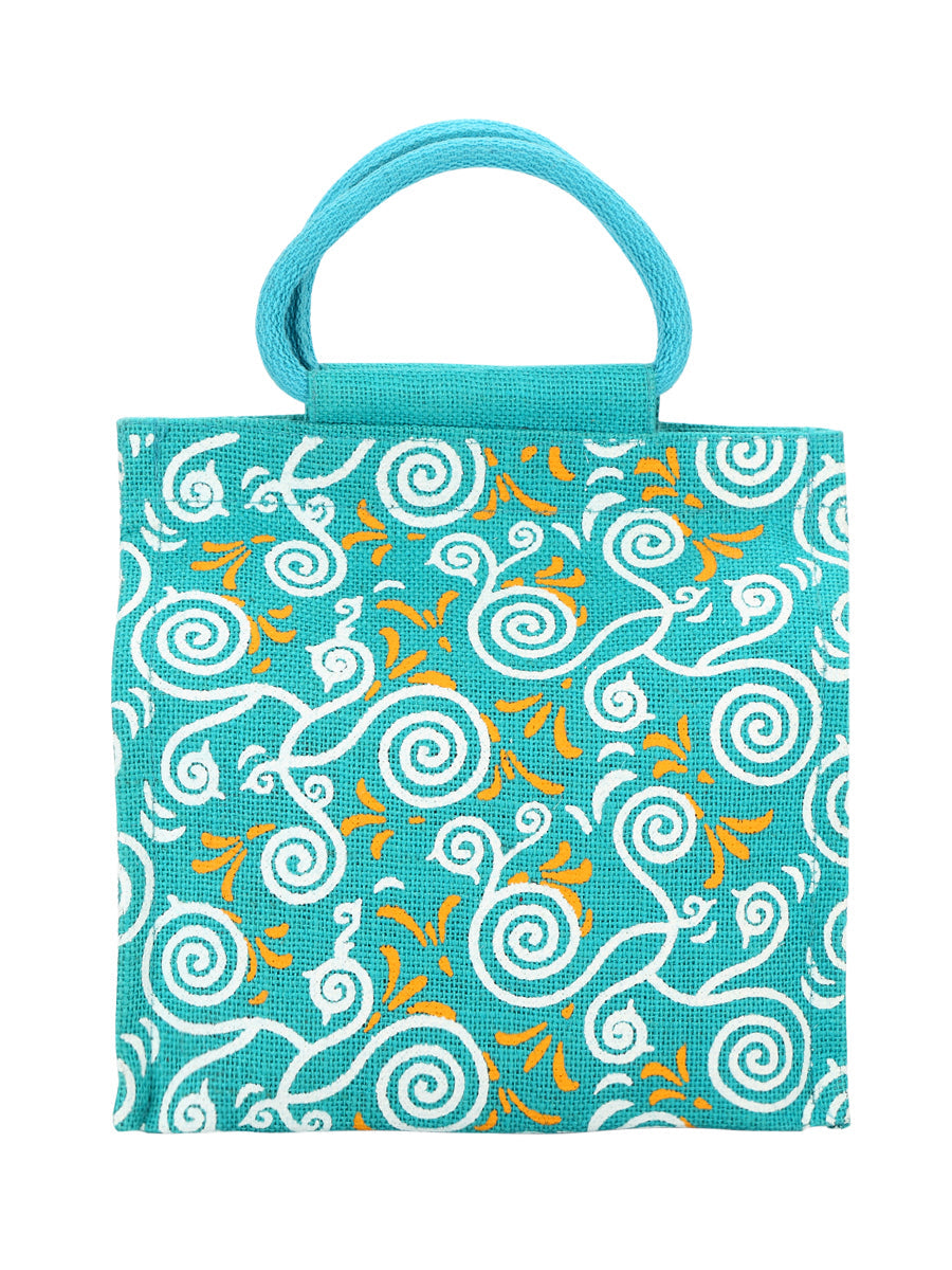 JUTE COTTAGE ALL OVER NEW PRINT 2 COLOUR ZIPPER LUNCH BAG, SUSTAINABLE, ECO-FRIENDLY, 100% GENUINE, STYLISH JUTE BAG (TURQUOISE BLUE 10X10X6)