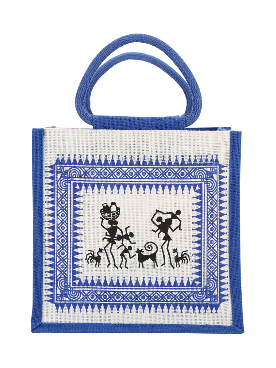 10 X 10 X 7 - WARLI PRINT LUNCH ZIPPER (B-058-BRIGHT BLUE)