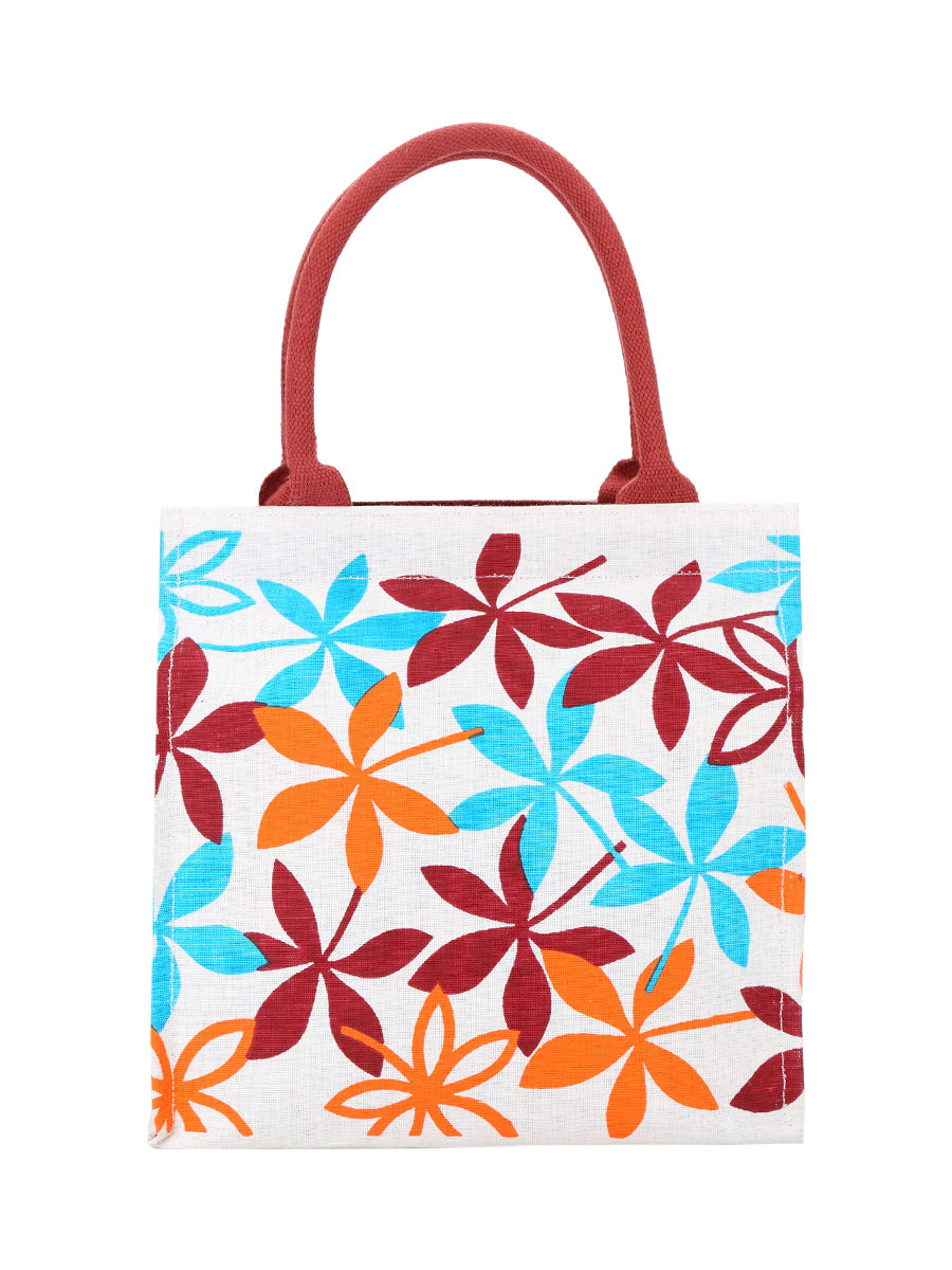 JUTE COTTAGE JUCO PRINTED ZIPPER LUNCH BAG, SUSTAINABLE, ECO-FRIENDLY, 100% GENUINE JUTE, STYLISH (MAROON 12X12X7)