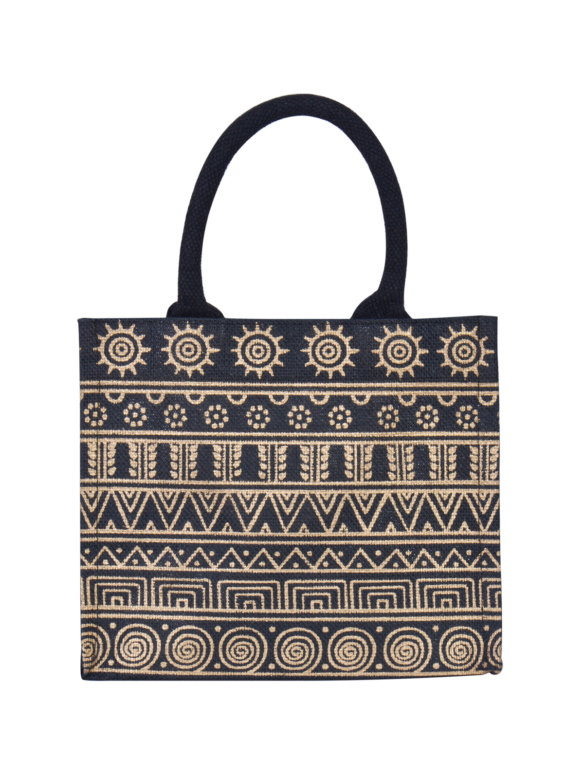 JUTE COTTAGE AZTEC PRINT ZIPPER LUNCH BAG, SUSTAINABLE, ECO-FRIENDLY, STYLISH, 100% GENUINE JUTE (BLACK - 8X10X6)